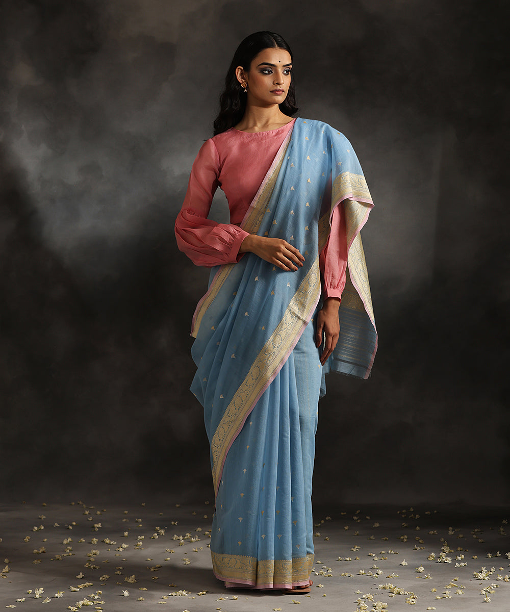 Pastel_Blue_Handloom_Pure_Cotton_Banarasi_Saree_With_Sona_Rupa_Booti_And_Kadhwa_Border_WeaverStory_02
