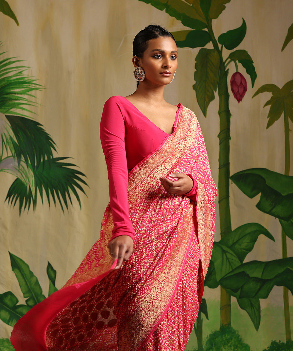 Handloom_Pink_Pure_Georgette_Banarasi_Bandhej_Saree_With_Zari_Jaal_WeaverStory_01
