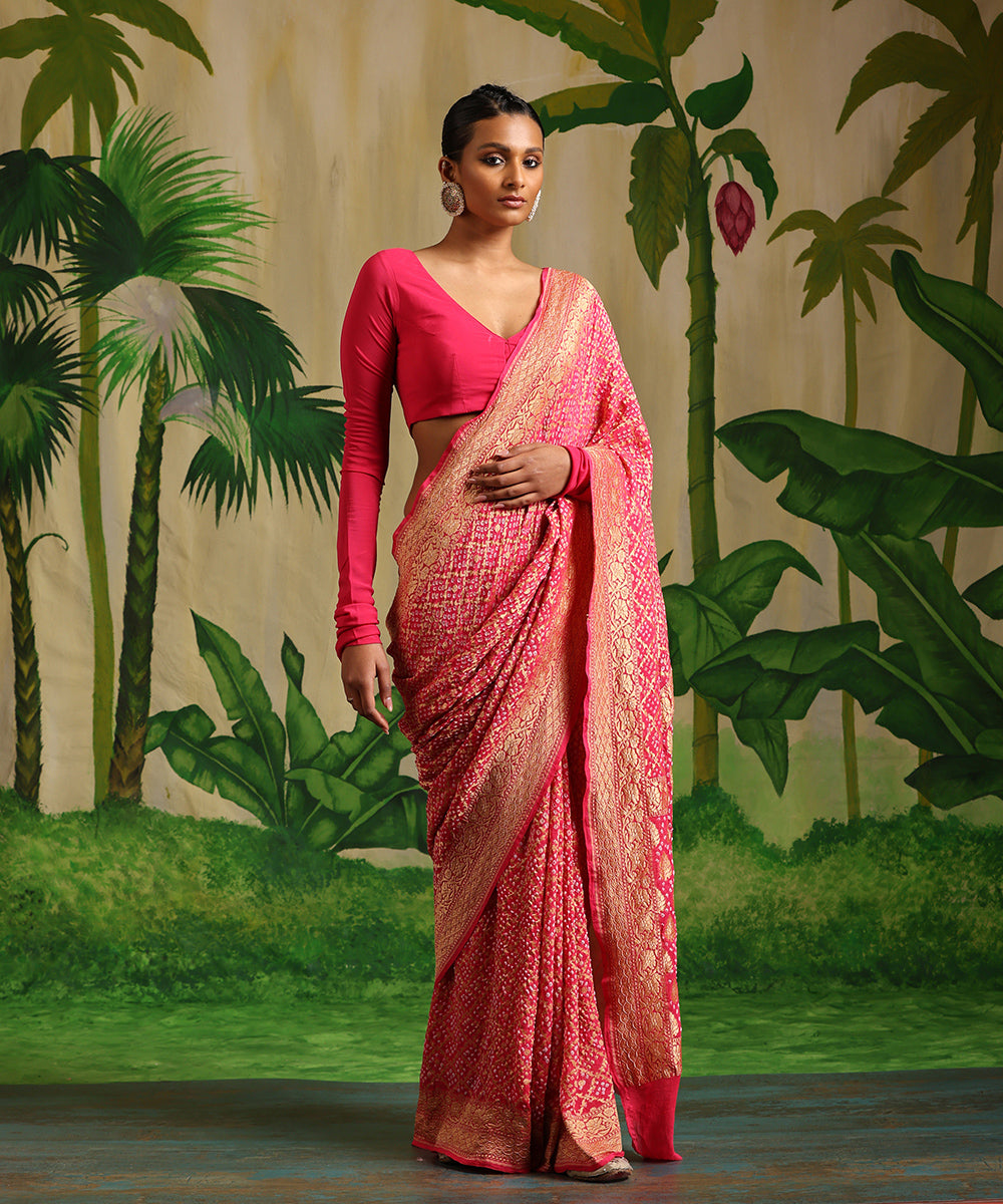 Handloom_Pink_Pure_Georgette_Banarasi_Bandhej_Saree_With_Zari_Jaal_WeaverStory_02
