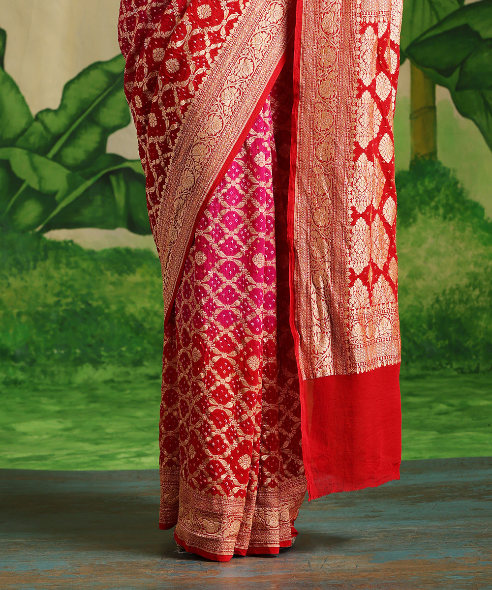 Handloom_Rani_Pink_And_Red_Two_Color_Pure_Georgette_Banarasi_Bandhej_Saree_WeaverStory_04