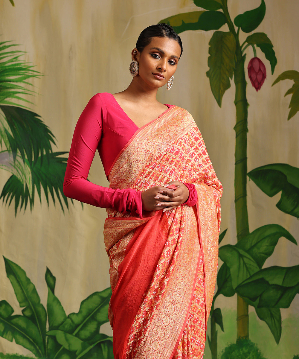 Orange_Handloom_Pure_Georgette_Banarasi_Bandhej_Saree_With_All_Over_Zari_Jaal_WeaverStory_01