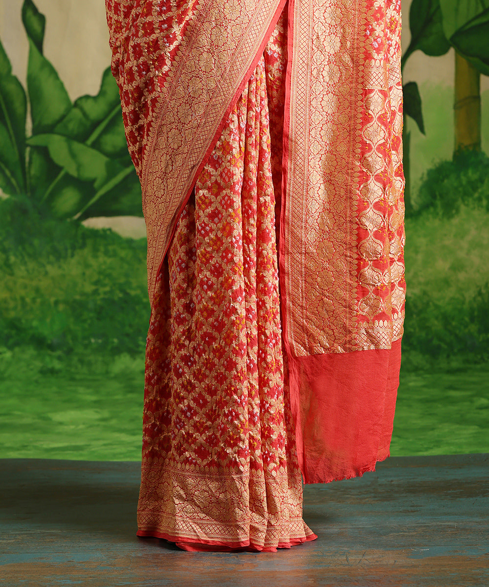 Orange_Handloom_Pure_Georgette_Banarasi_Bandhej_Saree_With_All_Over_Zari_Jaal_WeaverStory_04