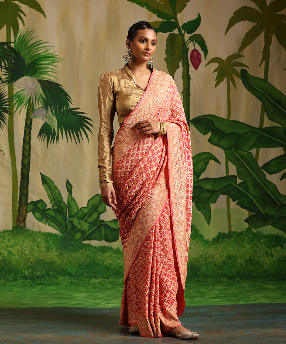 Handloom_Pastel_Orange_Pure_Georgette_Banarasi_Bandhej_Saree_With_All_Over_Zari_Jaal_WeaverStory_02