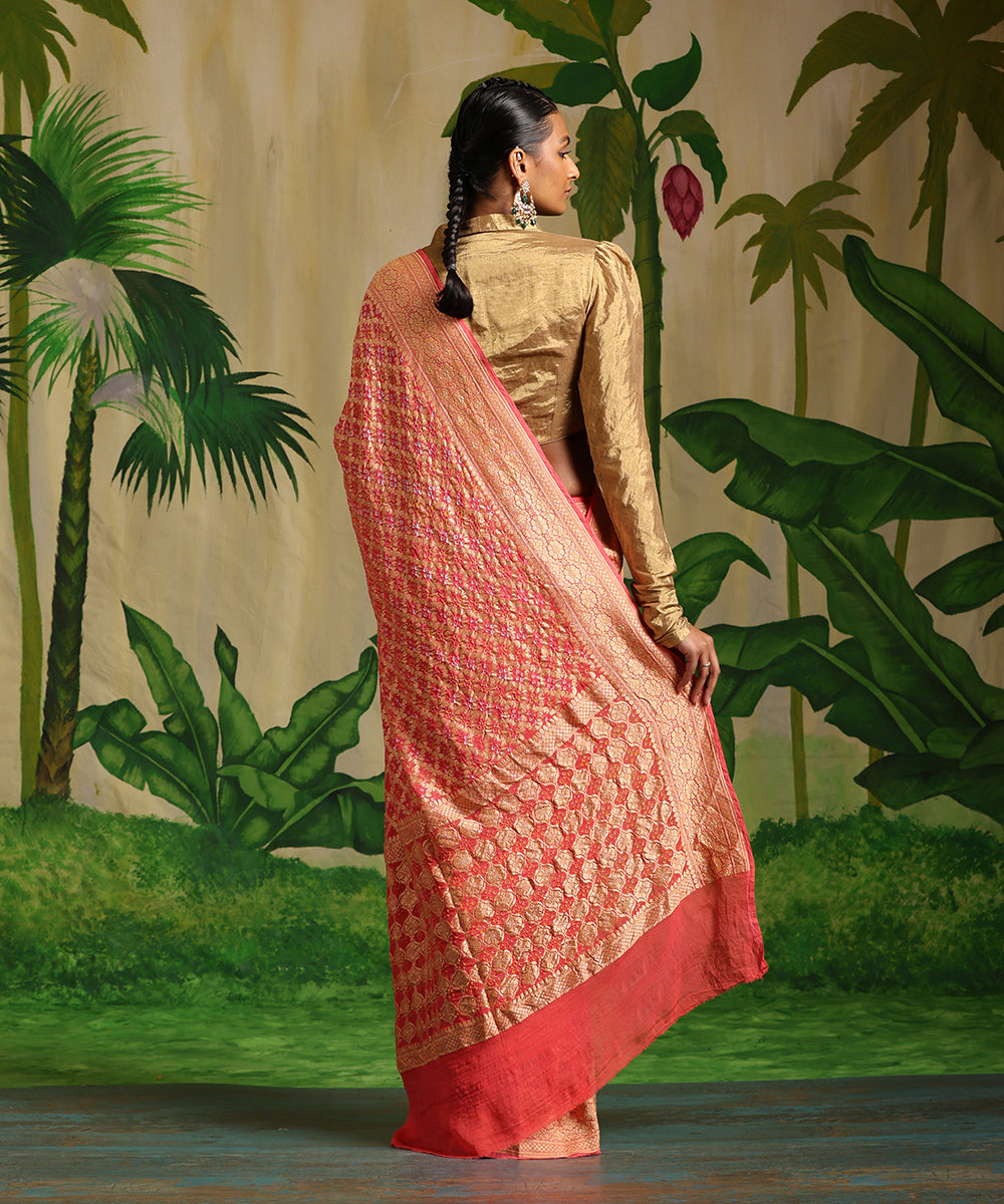 Handloom_Pastel_Orange_Pure_Georgette_Banarasi_Bandhej_Saree_With_All_Over_Zari_Jaal_WeaverStory_03