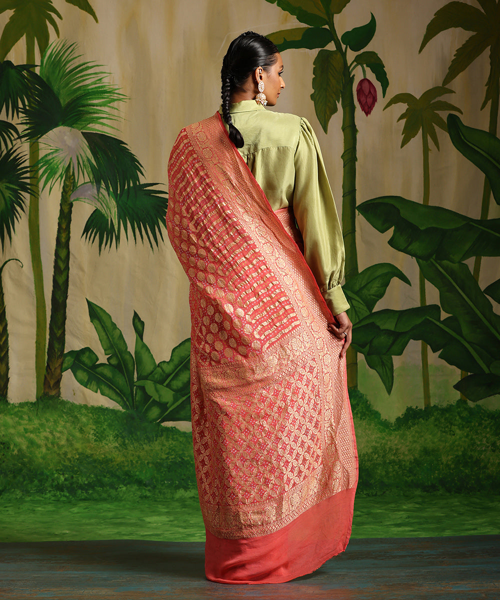 Pastel_Orange_Handloom_Pure_Georgette_Banarasi_Bandhej_Saree_With_All_Over_Cutwork_Jaal_WeaverStory_03