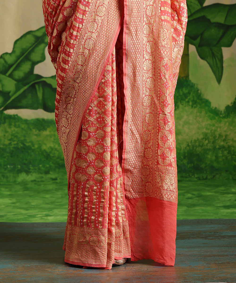 Pastel_Orange_Handloom_Pure_Georgette_Banarasi_Bandhej_Saree_With_All_Over_Cutwork_Jaal_WeaverStory_04