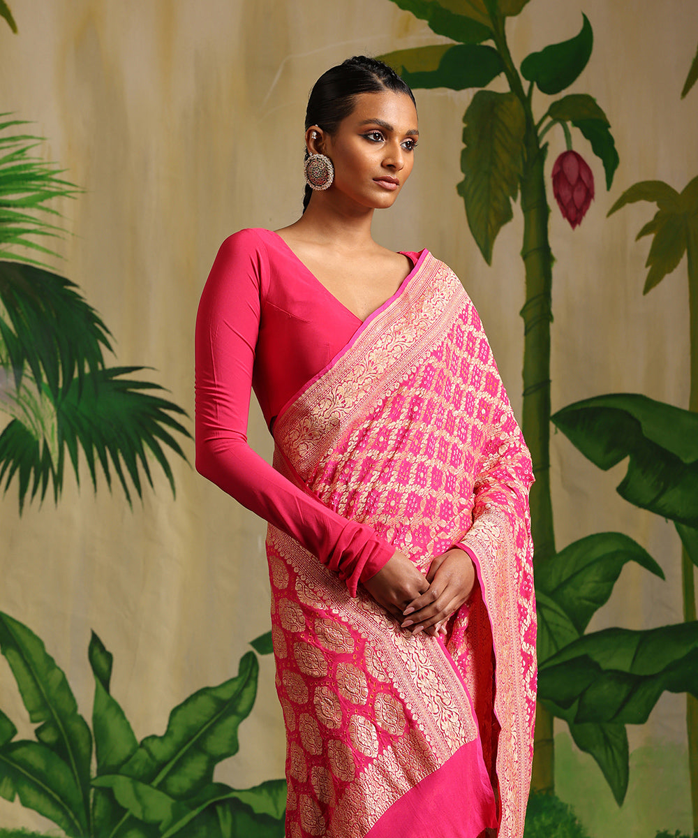 Fuschia_Handloom_Pink_Pure_Georgette_Banarasi_Bandhej_Saree_With_All_Over_Zari_Jaal_WeaverStory_01