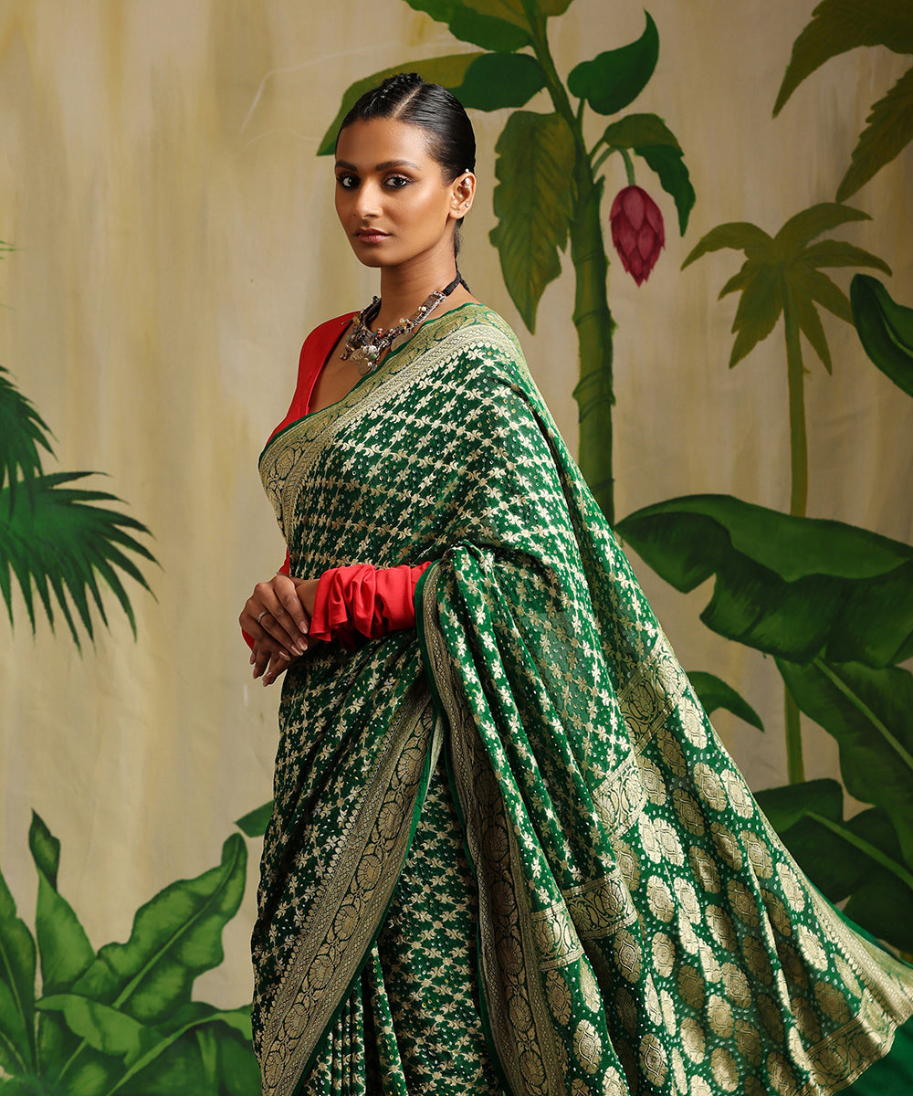 Handloom_Green_Pure_Georgette_Banarasi_Bandhej_Saree_With_All_Over_Zari_Jaal_WeaverStory_01