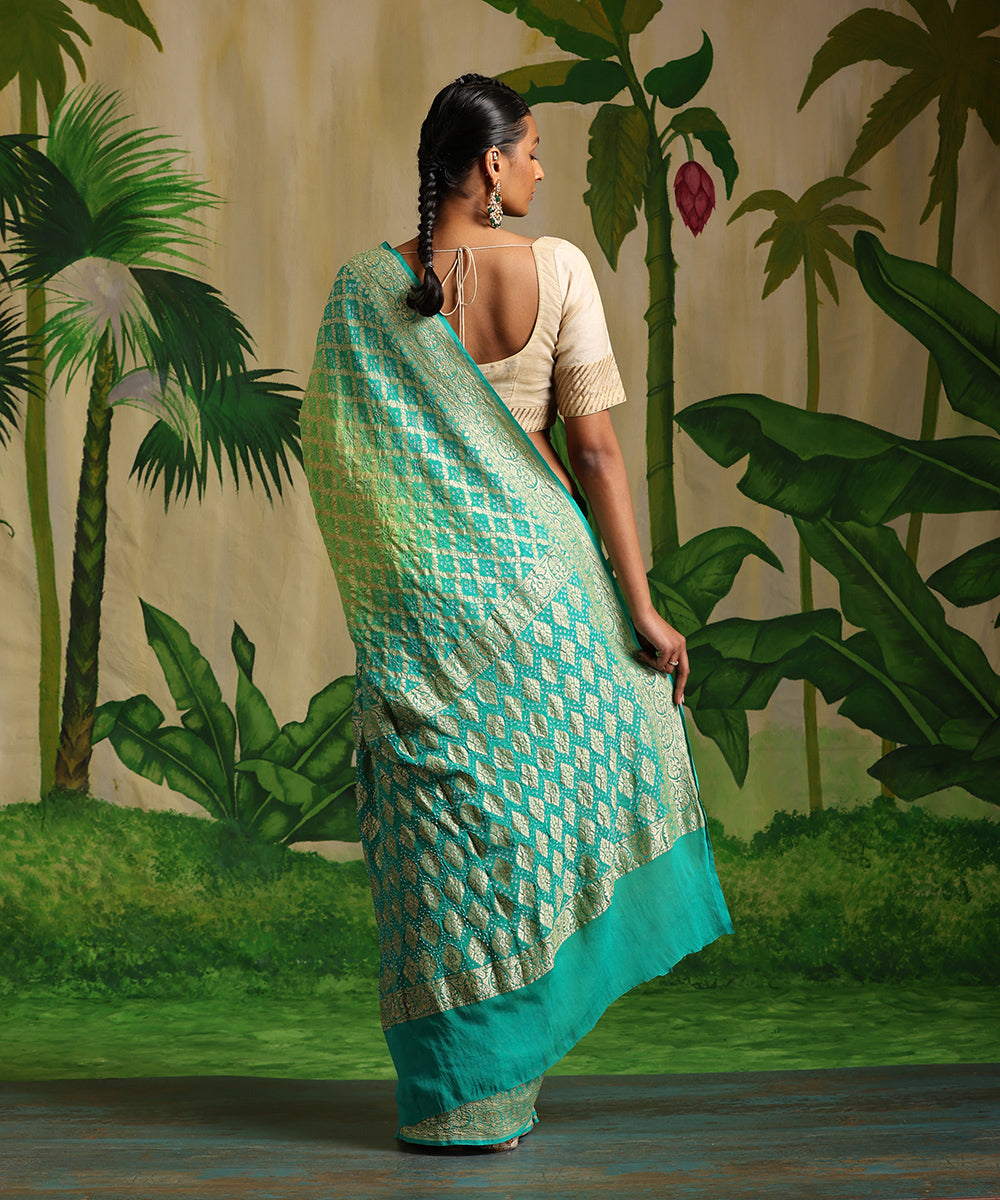 Turquoise_And_Neon_Green_Handloom_Pure_Georgette_Banarasi_Bandhej_Saree_With_Zari_Jaal_WeaverStory_03