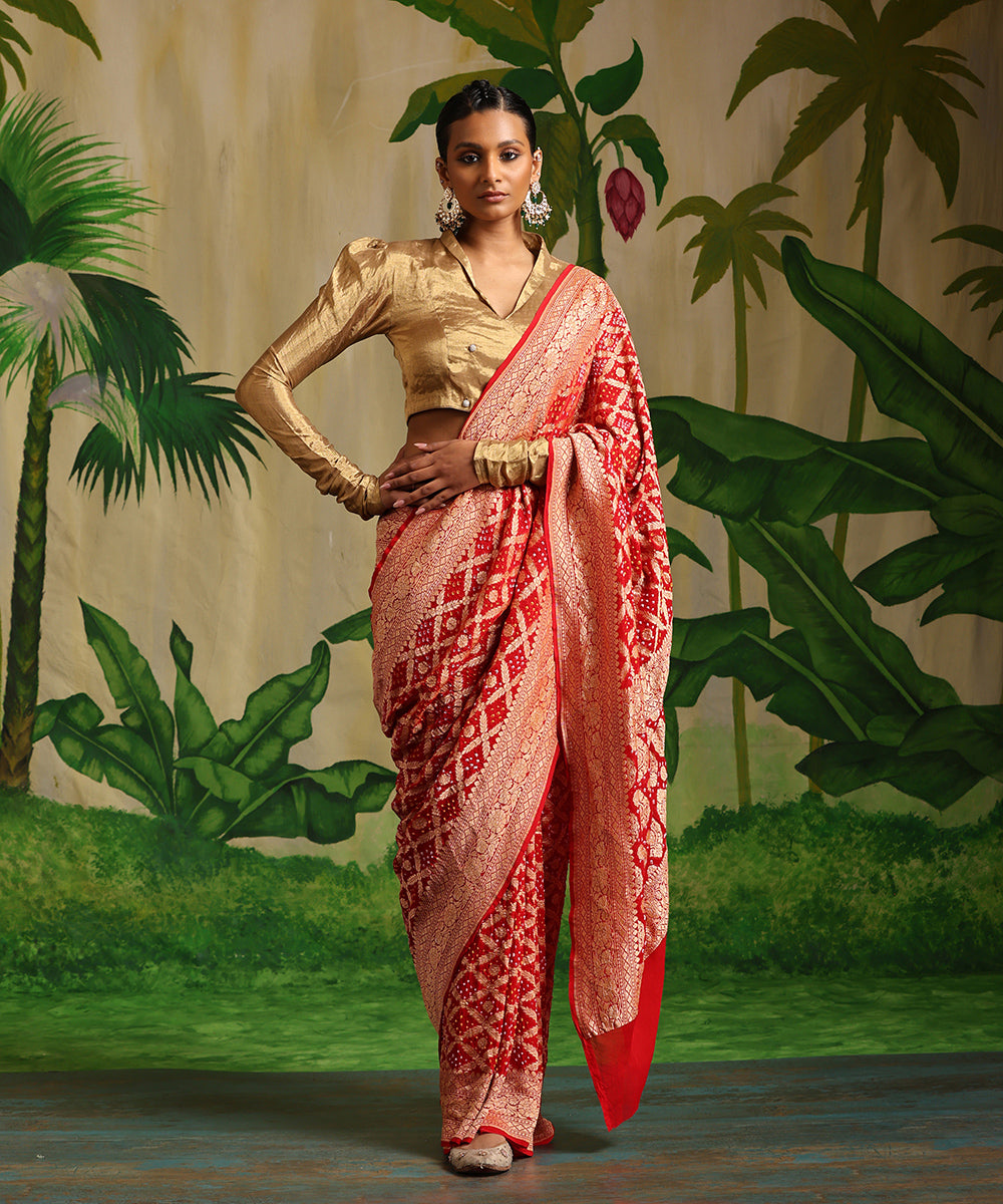 Red_Handloom_Pure_Georgette_Banarasi_Bandhej_Saree_With_All_Over_Cutwork_Jaal_WeaverStory_02