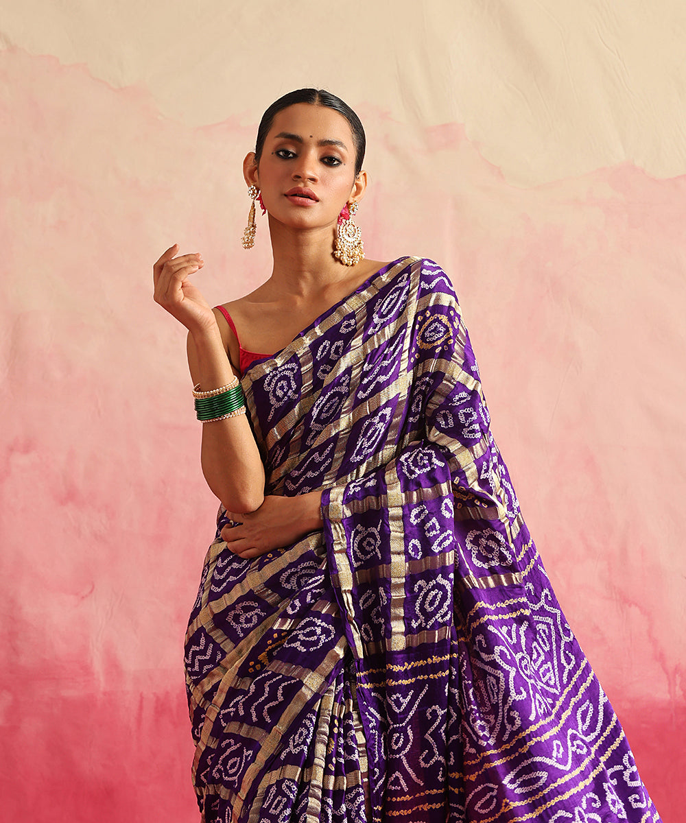Handloom_Purple_Pure_Gajji_Silk_Banarasi_Bandhej_Saree_With_Cutwork_Tissue_Pallu_WeaverStory_01