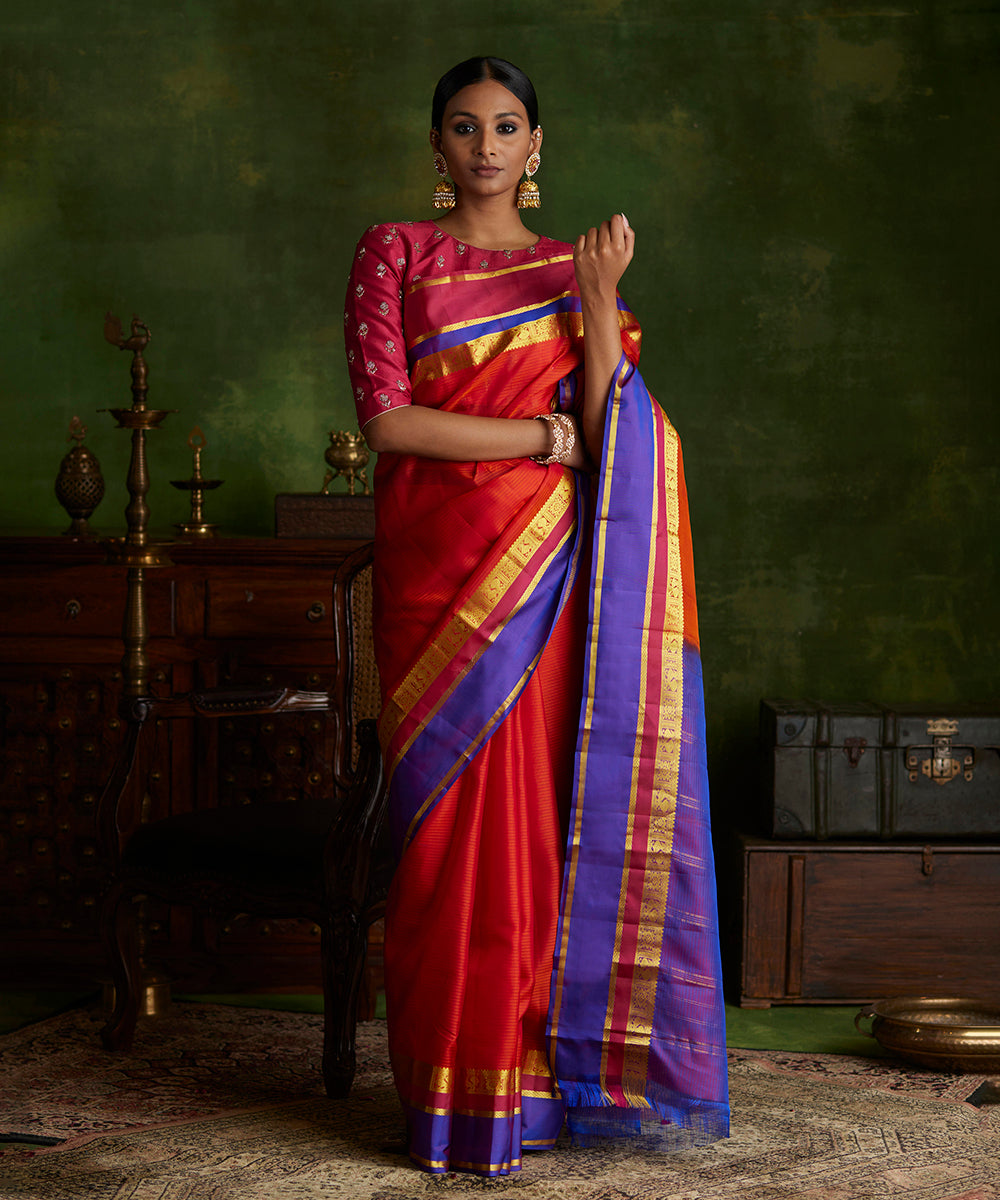 Handloom_Red_And_Orange_Double_Shade_Pure_Silk_Kanjivaram_Saree_With_Double_Color_Border_WeaverStory_02