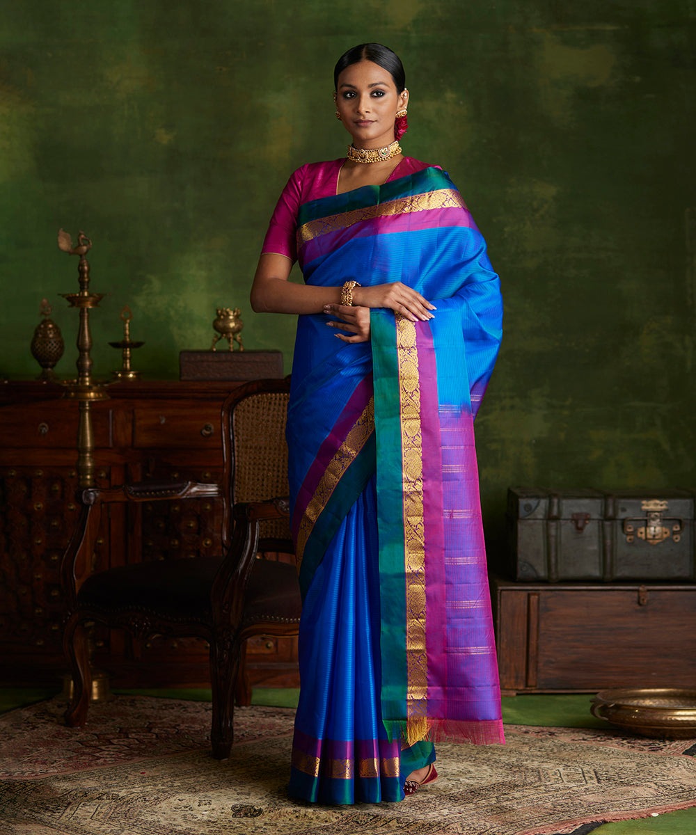 Cobalt Blue Pure Silk Handloom Kanjivaram Saree With Double Color Border