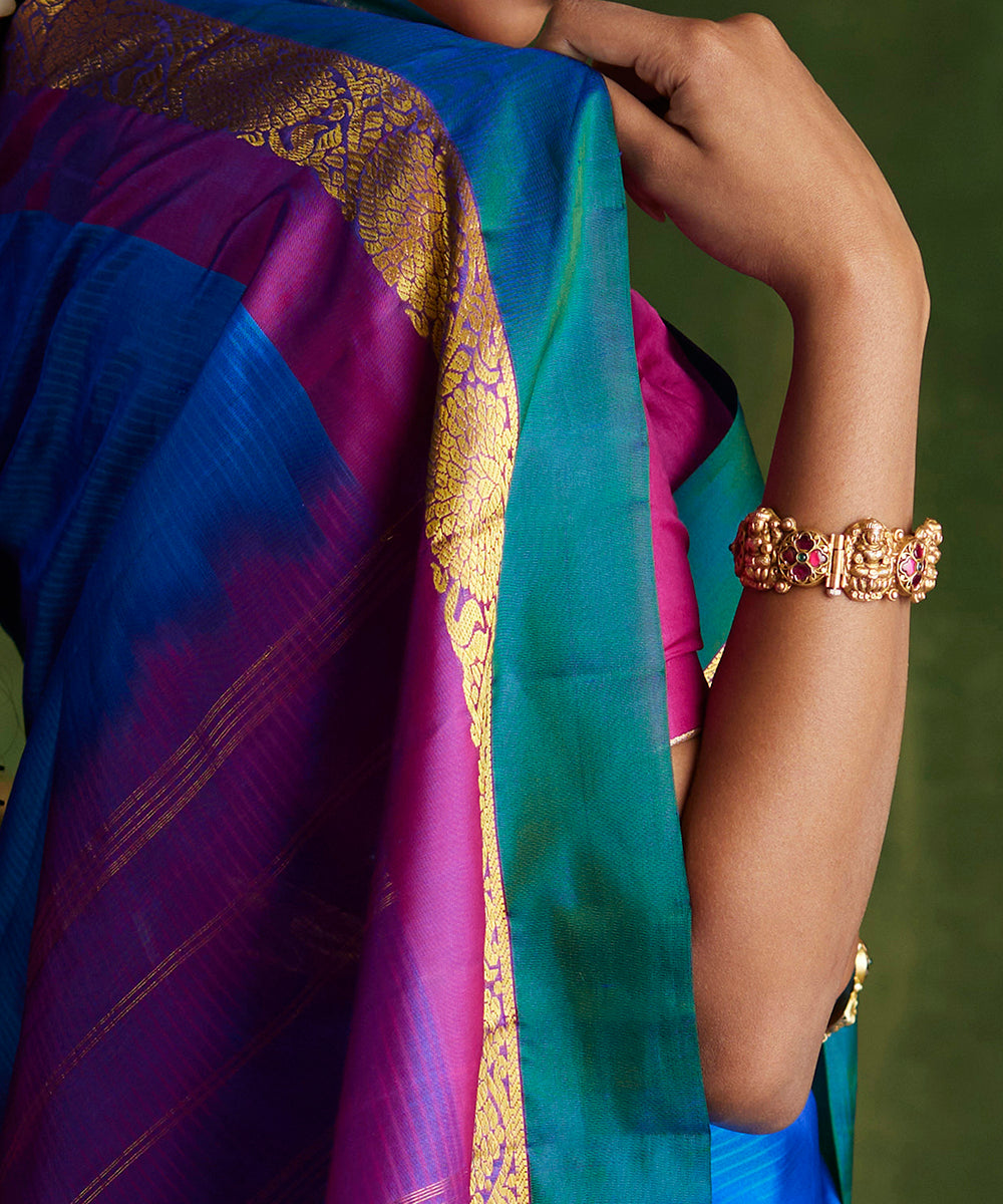 Cobalt Blue Pure Silk Handloom Kanjivaram Saree With Double Color Border