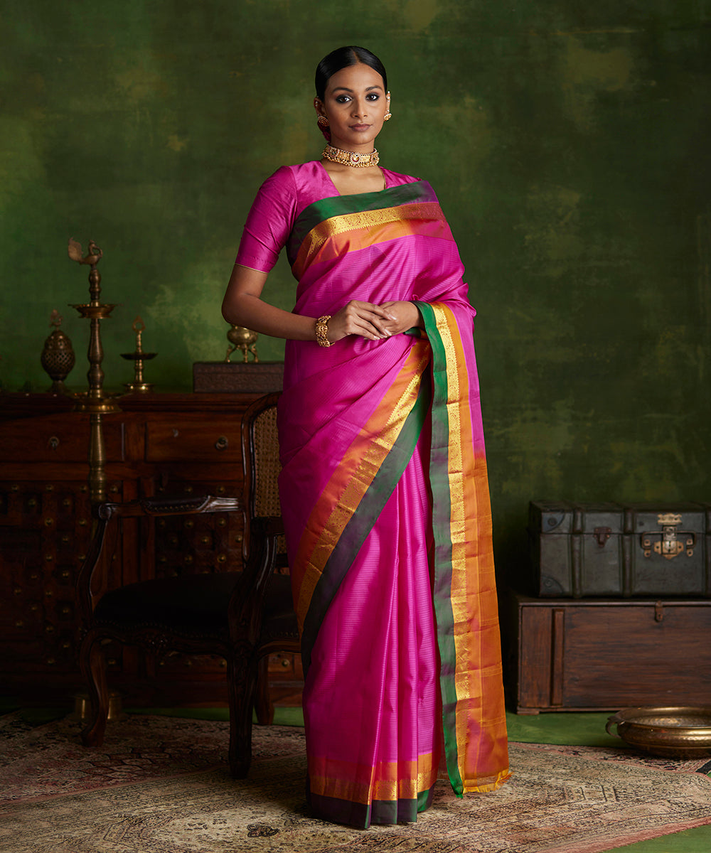 Rani_Pink_Handloom_Pure_Silk_Kanjivaram_Saree_With_Double_Color_Border_WeaverStory_02