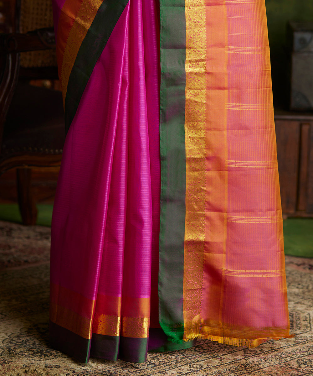 Rani_Pink_Handloom_Pure_Silk_Kanjivaram_Saree_With_Double_Color_Border_WeaverStory_04