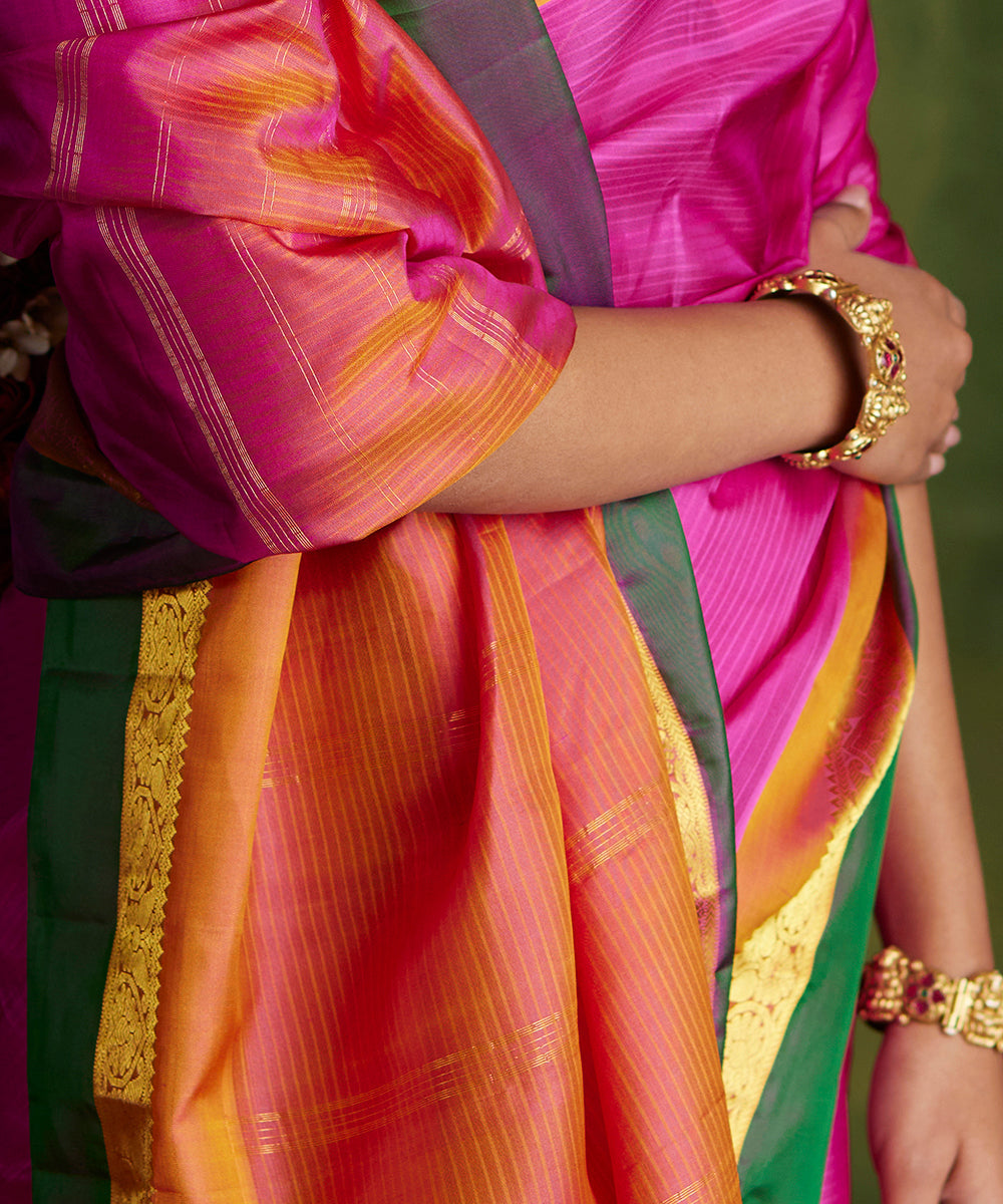 Rani_Pink_Handloom_Pure_Silk_Kanjivaram_Saree_With_Double_Color_Border_WeaverStory_05