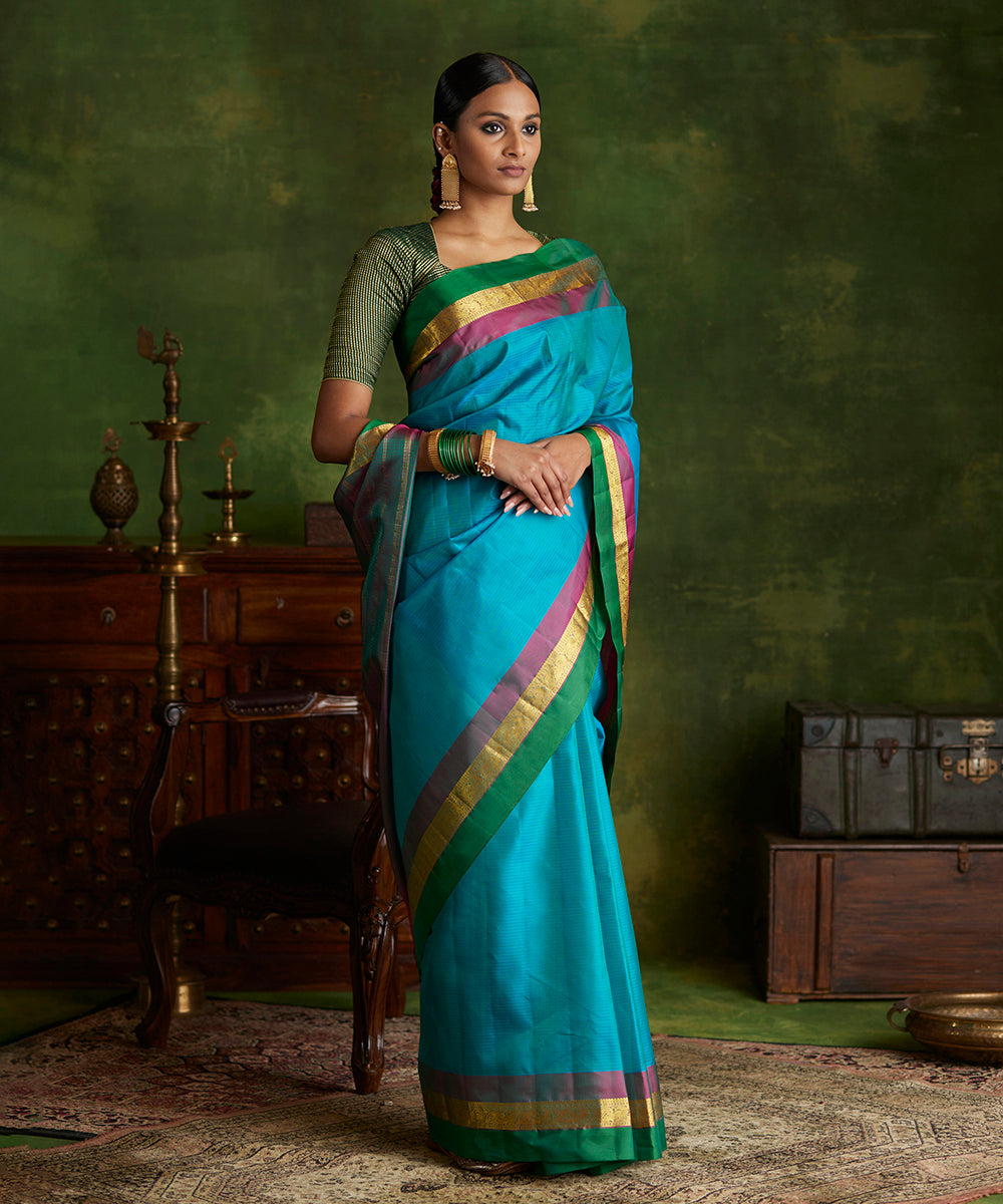 Handloom_Sea_Green_Pure_Silk_Kanjivaram_Saree_With_Double_Color_Border_WeaverStory_02
