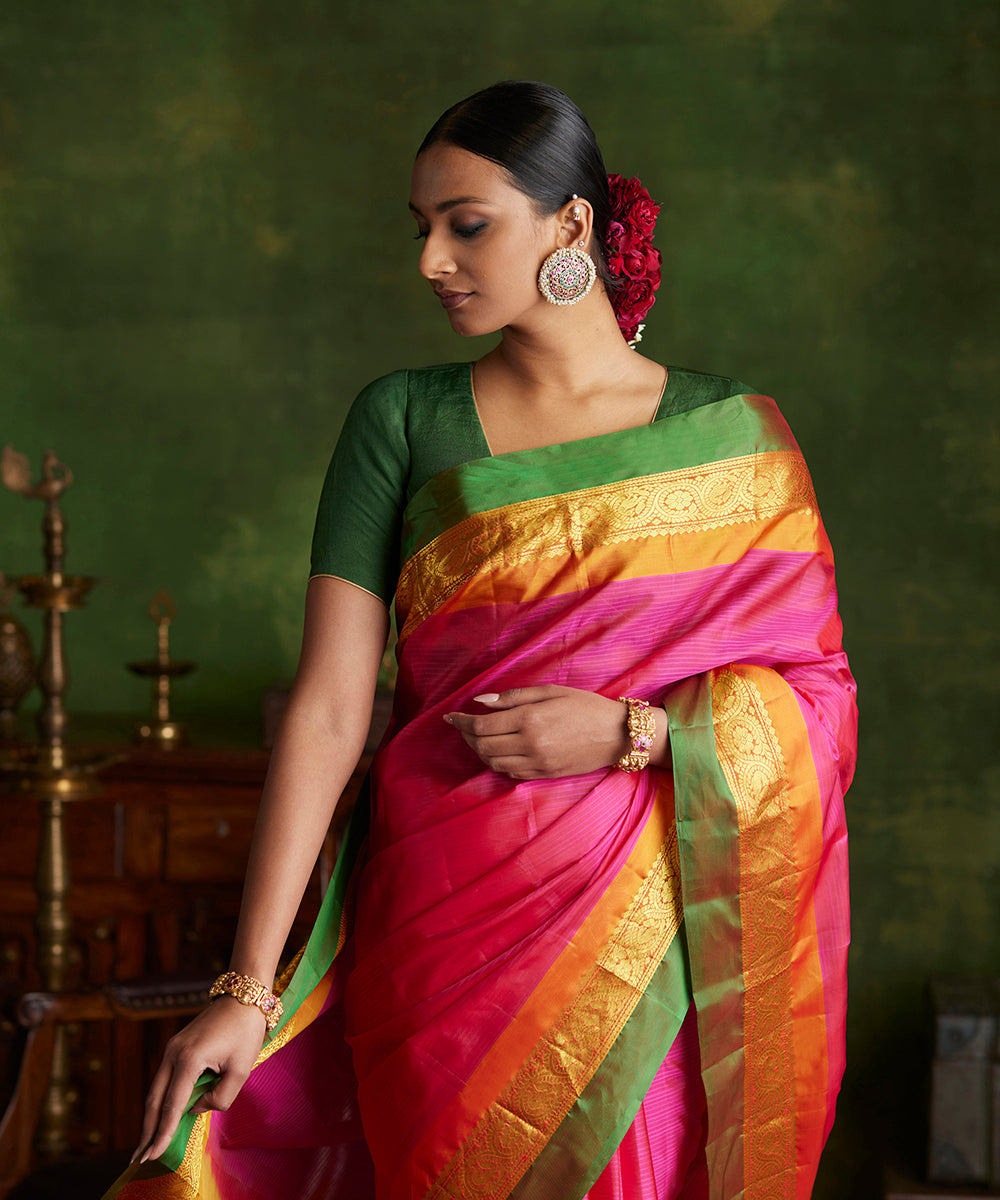 Handloom_Hot_Pink_Double_Shade_Pure_Silk_Kanjivaram_Saree_With_Double_Color_Border_WeaverStory_01