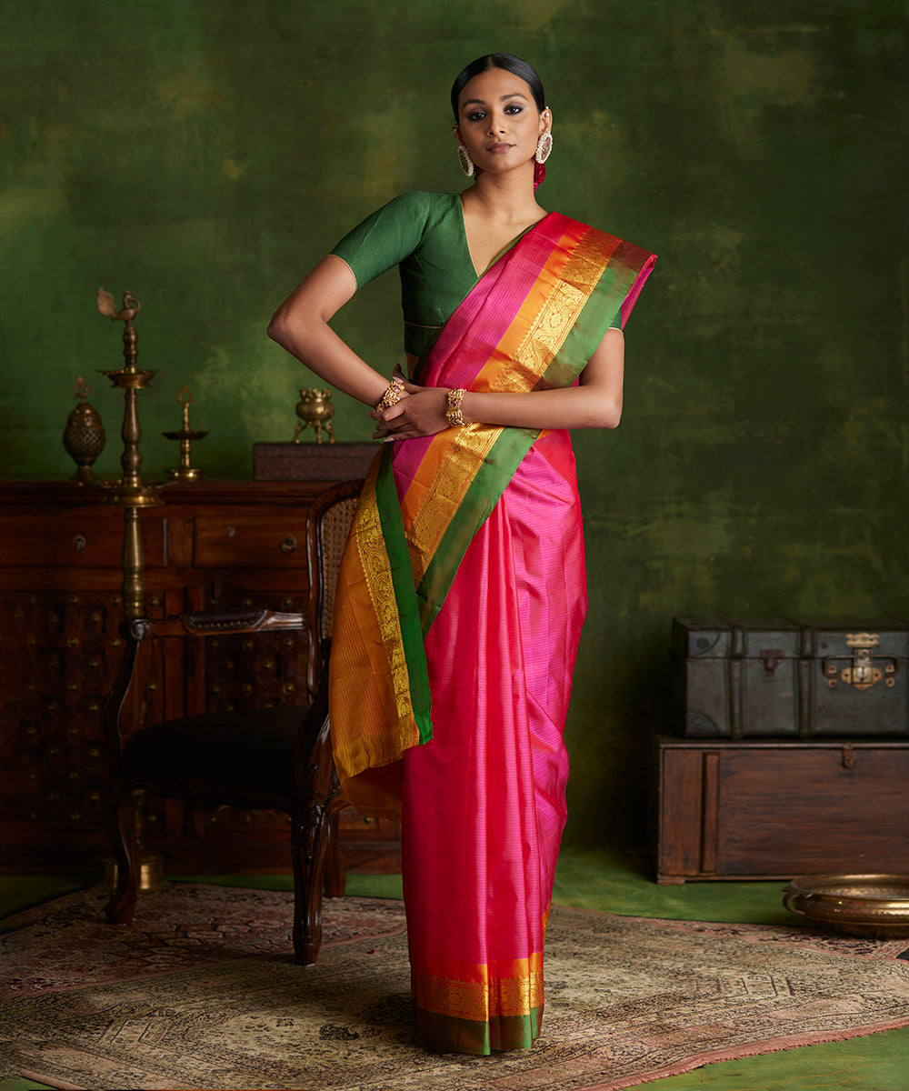 Handloom_Hot_Pink_Double_Shade_Pure_Silk_Kanjivaram_Saree_With_Double_Color_Border_WeaverStory_02