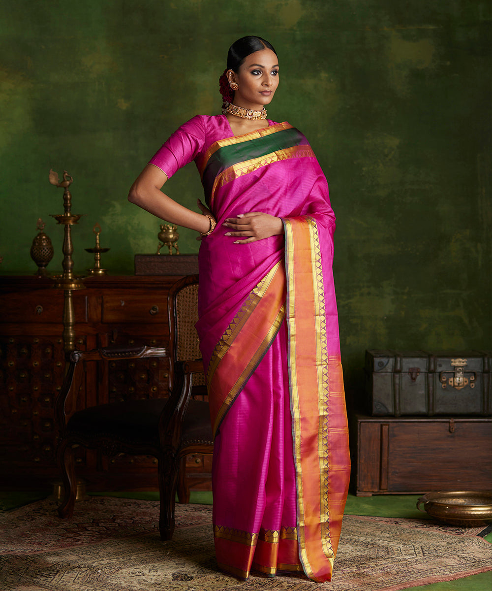 Hot_Pink_Handloom_Pure_Silk_Kanjivaram_Saree_With_Green_Border_WeaverStory_02