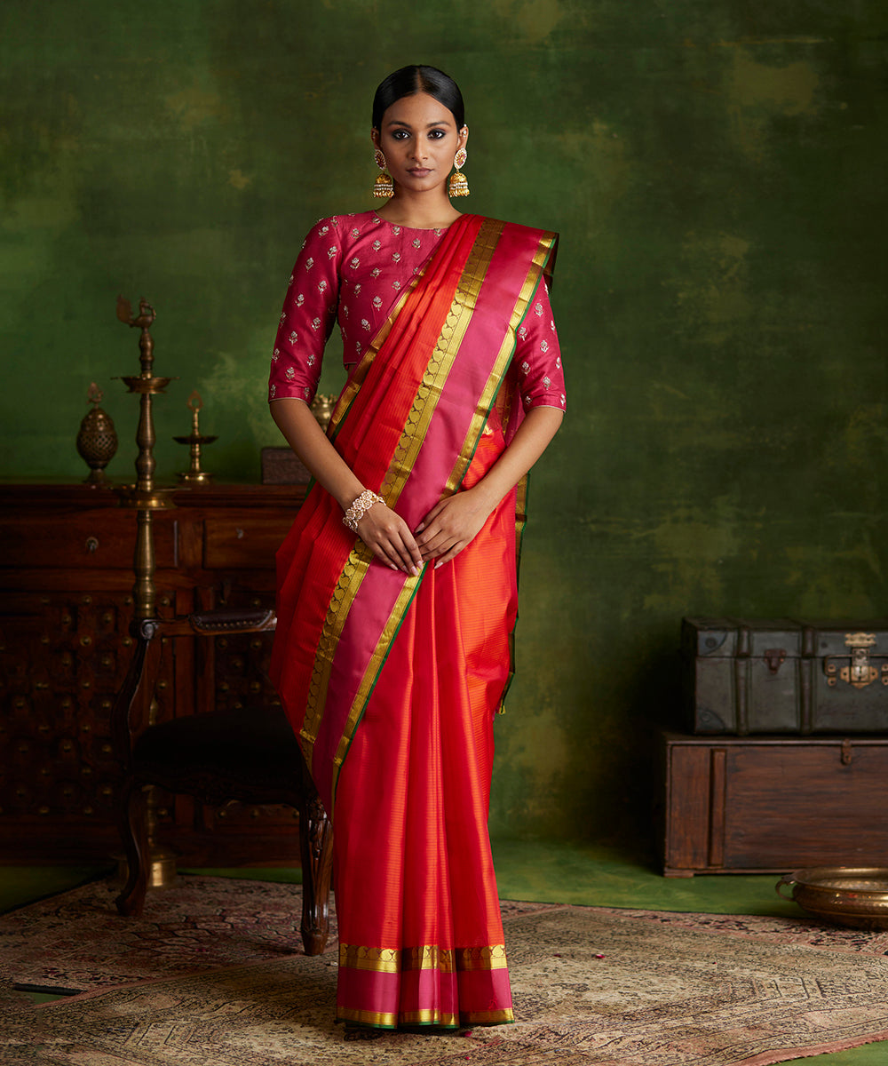 Handloom_Red_Pure_Silk_Kanjivaram_Saree_With_Hot_Pink_Border_WeaverStory_02