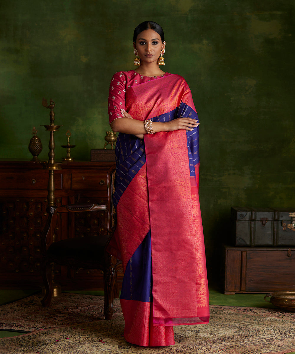 Navy_Blue_Handloom_Pure_Silk_Kanjivaram_Saree_With_Korvai_Shikargah_Broad_Border_WeaverStory_02