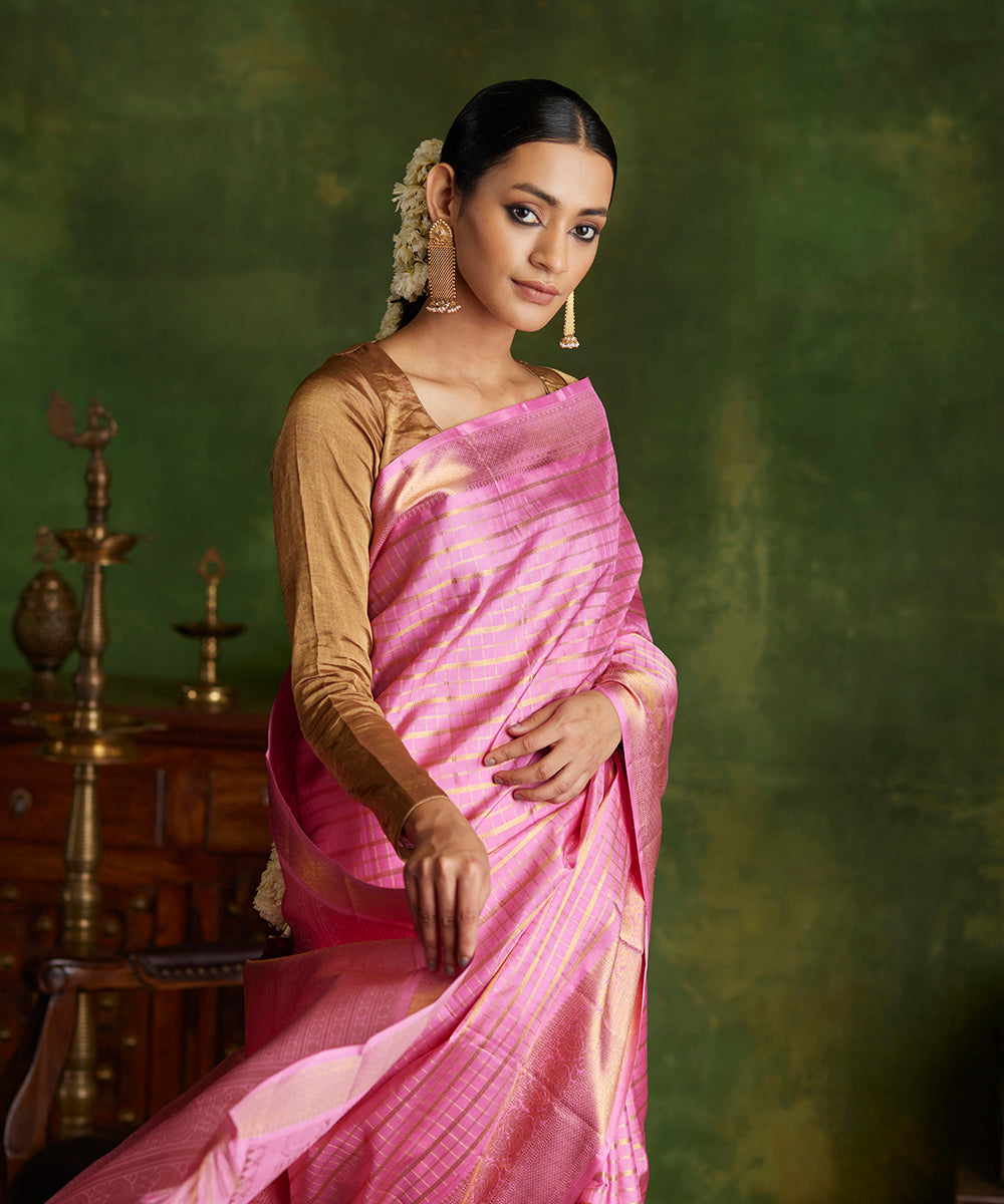 Pink_Handloom_Pure_Silk_Kanjivaram_Saree_With_Gold_Zari_Checks_And_Shikargah_Border_WeaverStory_01