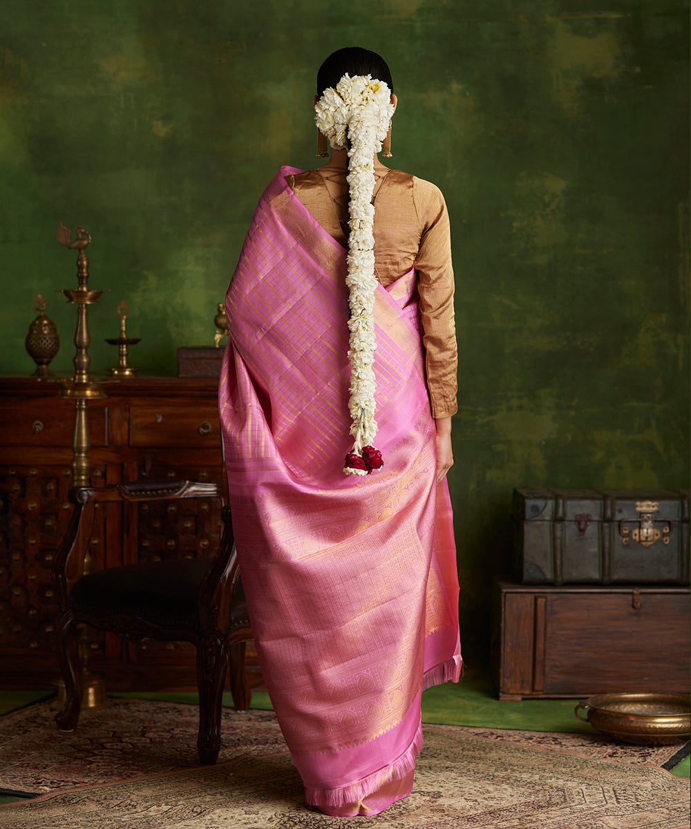 Pink_Handloom_Pure_Silk_Kanjivaram_Saree_With_Gold_Zari_Checks_And_Shikargah_Border_WeaverStory_03