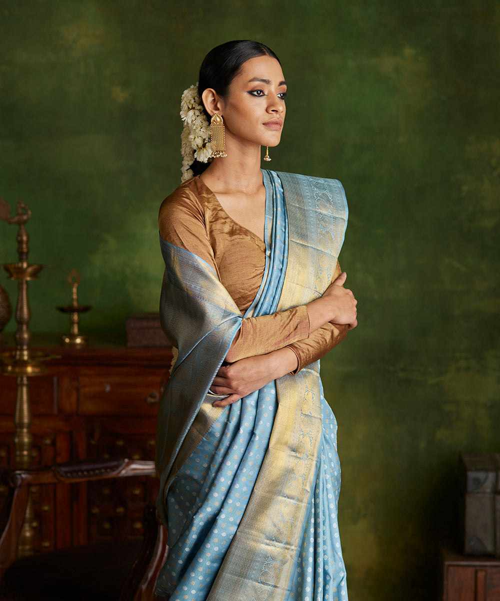 Sky_Blue_Handloom_Pure_Silk_Kanjivaram_Saree_With_Silver_And_Gold_Booti_WeaverStory_01