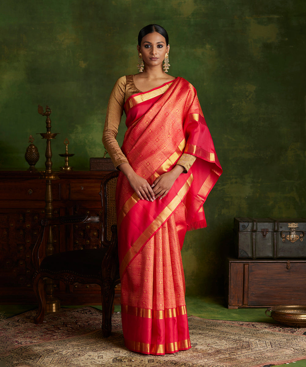 Handloom_Ruby_Red_Pure_Silk_Kanjivaram_Saree_With_Golden_Zari_Work_WeaverStory_02