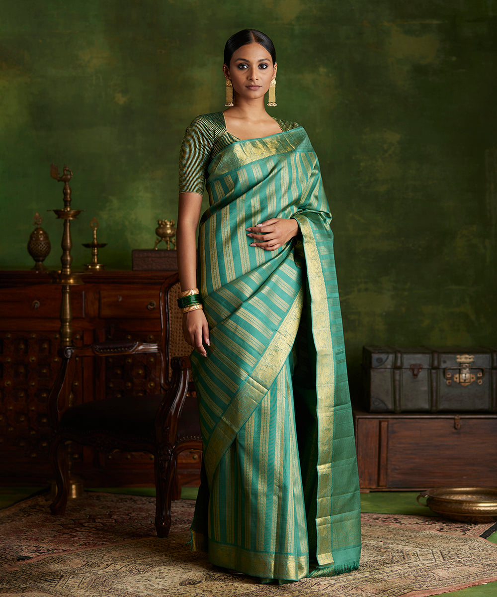 Sage_Green_Handloom_Pure_Zari_Kanjivaram_Saree_With_Vertical_Zari_Rudraksh_Stripes_WeaverStory_02