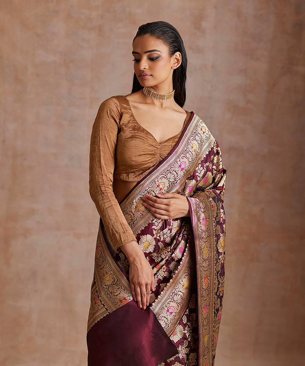 Handloom_Wine_Pure_Katan_Silk_Banarasi_Saree_With_Meenakari_Floral_Jaal_WeaverStory_01