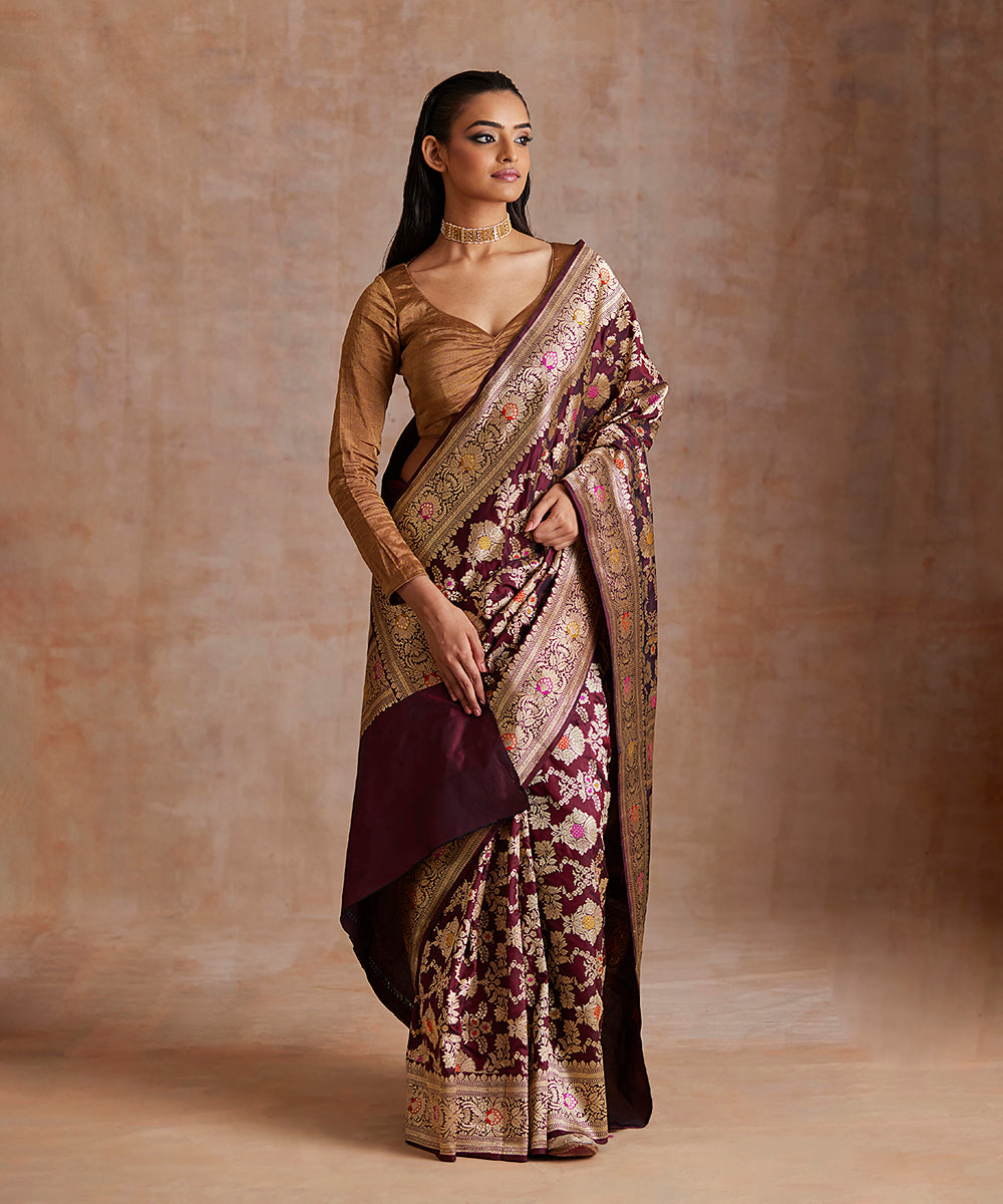 Handloom_Wine_Pure_Katan_Silk_Banarasi_Saree_With_Meenakari_Floral_Jaal_WeaverStory_02
