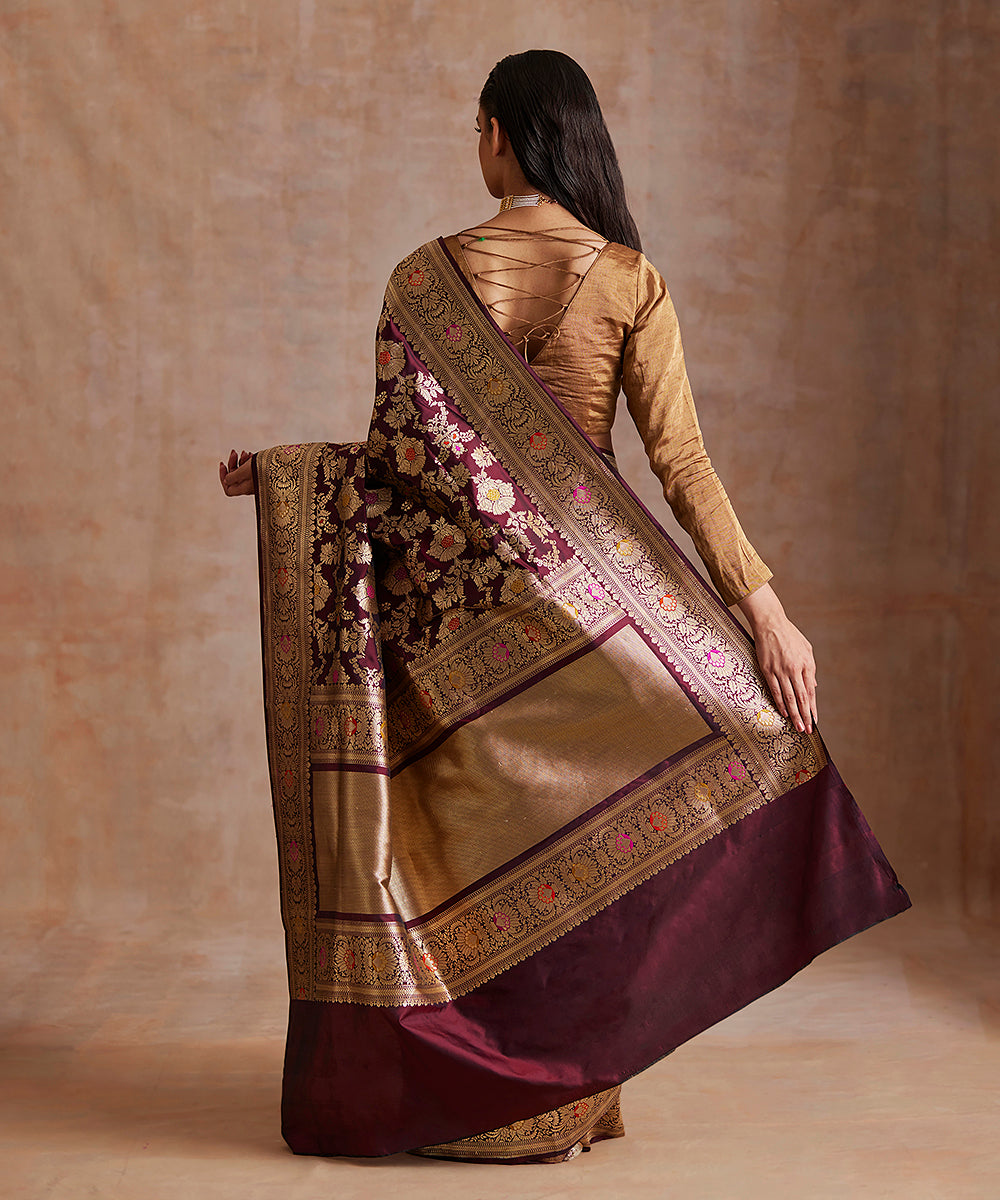 Handloom_Wine_Pure_Katan_Silk_Banarasi_Saree_With_Meenakari_Floral_Jaal_WeaverStory_03