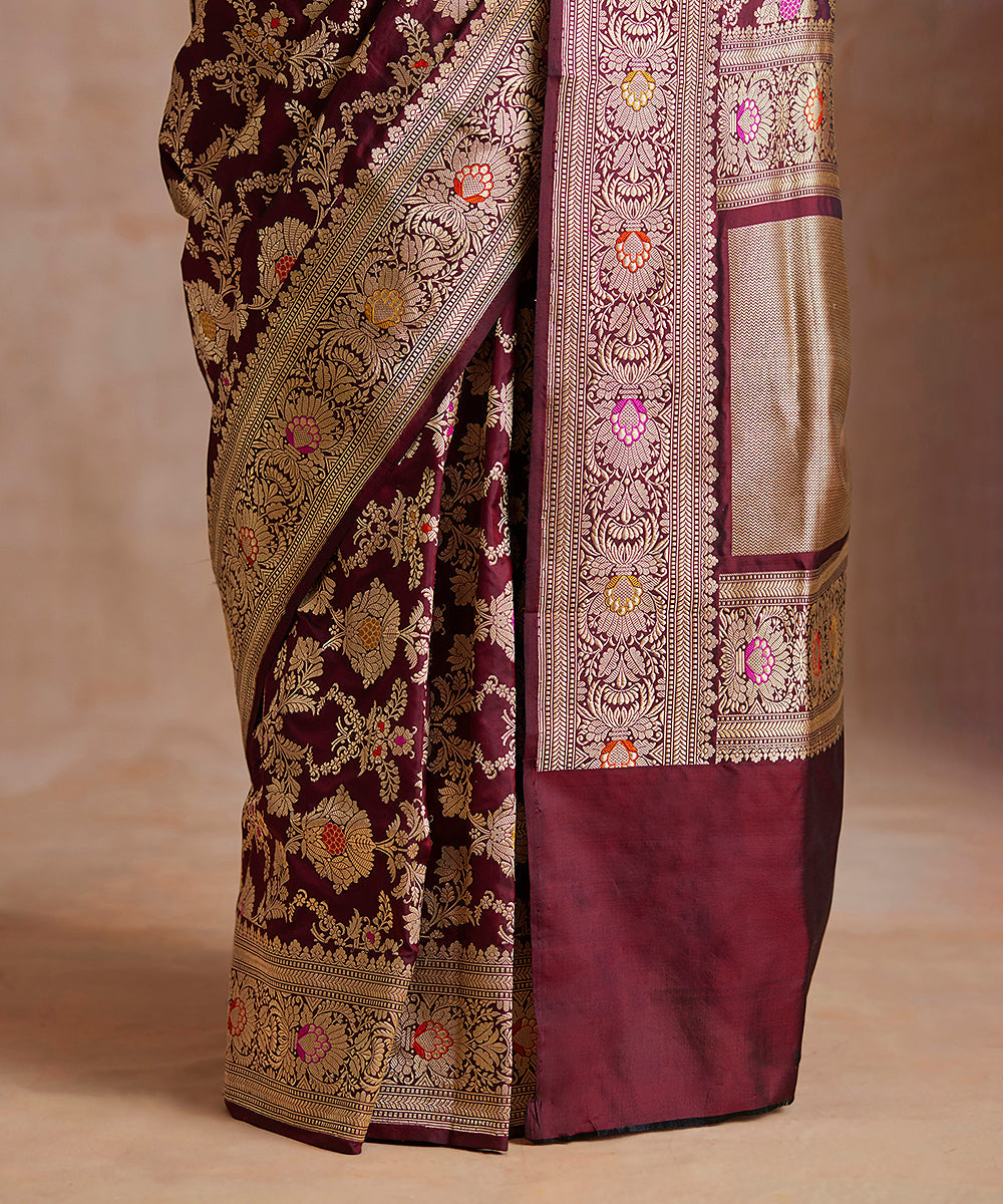 Handloom_Wine_Pure_Katan_Silk_Banarasi_Saree_With_Meenakari_Floral_Jaal_WeaverStory_04