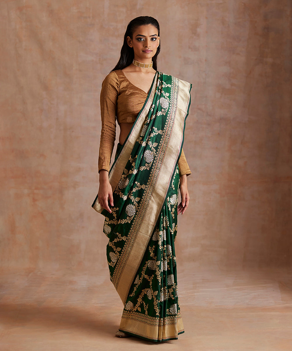 Green_Pure_Katan_Silk_Kadhwa_Banarasi_Jangla_With_Meenakari_Floral_Jaal_WeaverStory_02