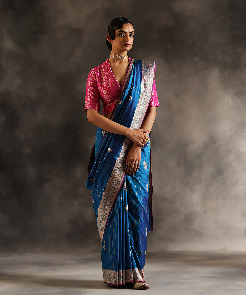Peacock_Blue_Handloom_Pure_Katan_Silk_Banarasi_Saree_With_Kadhwa_Booti_And_Vertical_Zari_Stripes_WeaverStory_02