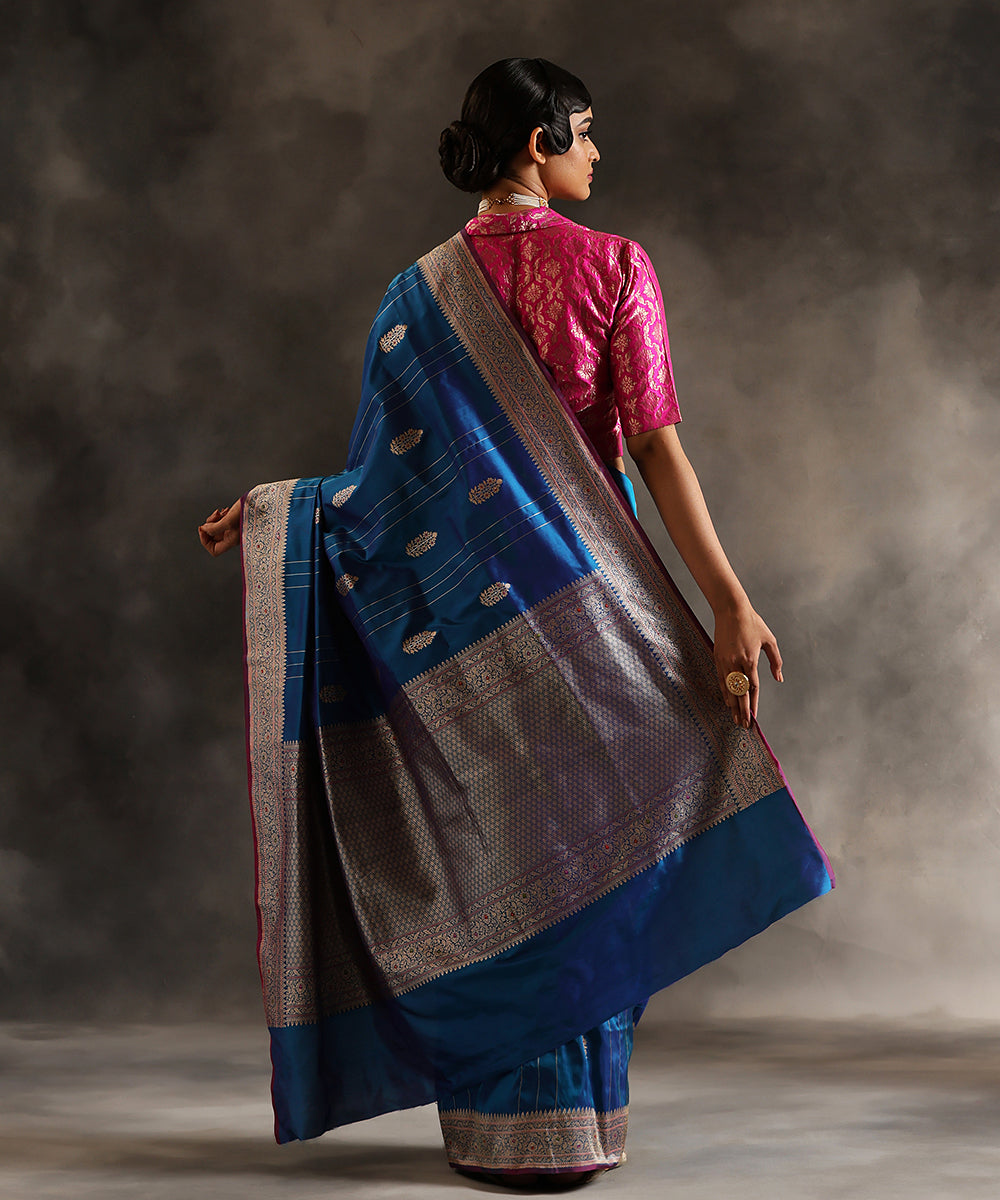 Peacock_Blue_Handloom_Pure_Katan_Silk_Banarasi_Saree_With_Kadhwa_Booti_And_Vertical_Zari_Stripes_WeaverStory_03