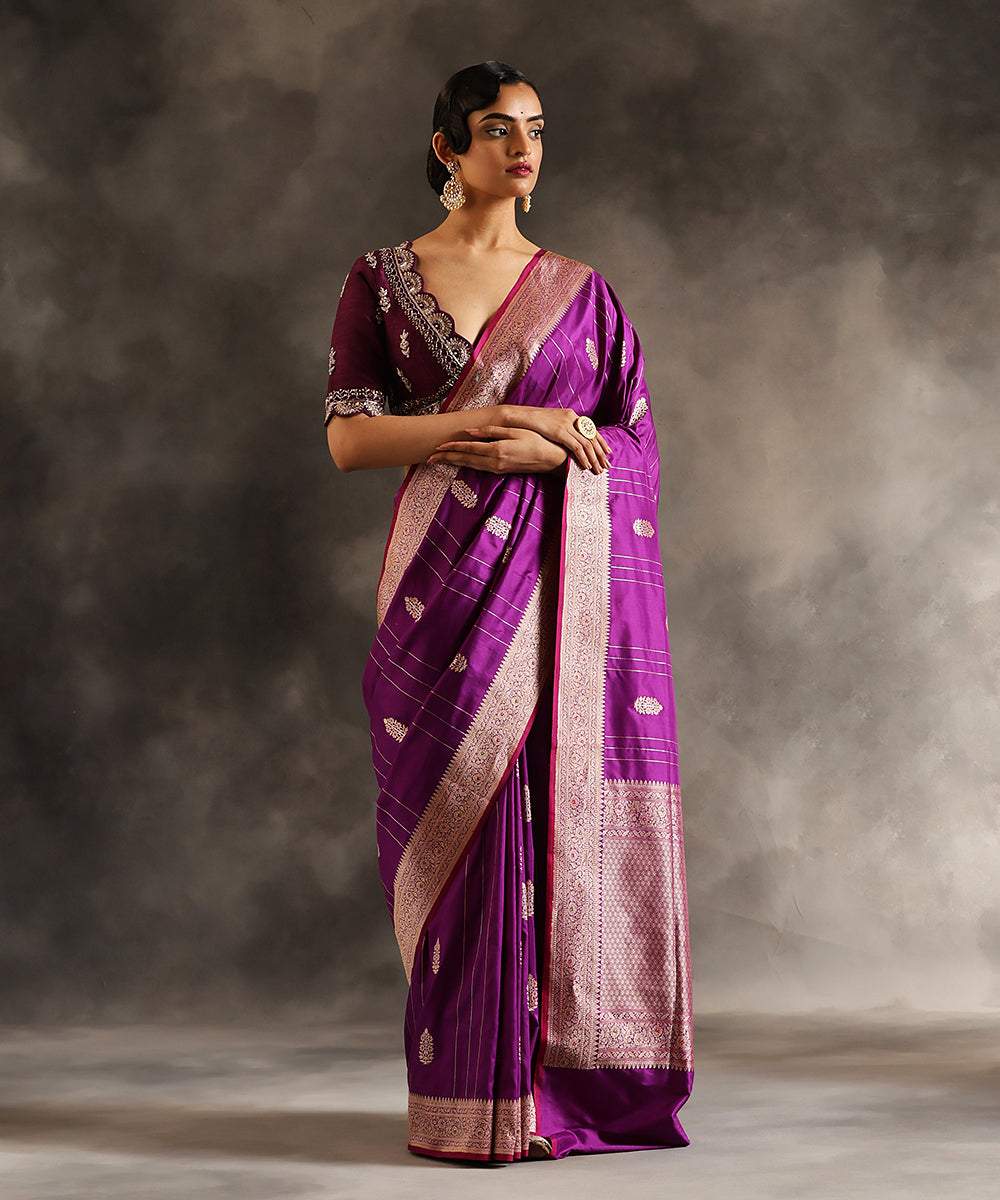 Handloom_Purple_Pure_Katan_Silk_Banarasi_Saree_With_Kadhwa_Booti_And_Vertical_Zari_Stripes_WeaverStory_02