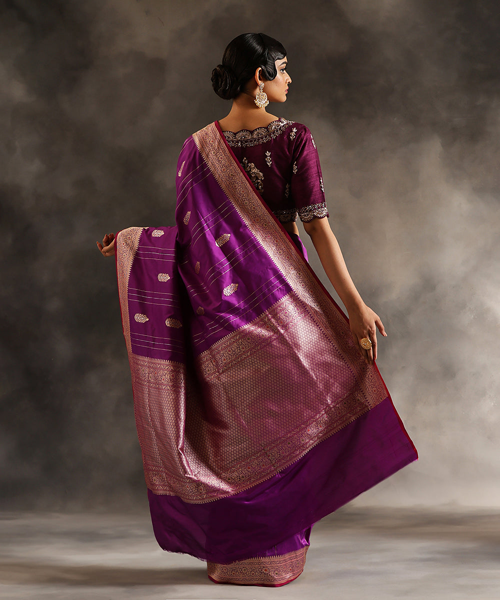 Handloom_Purple_Pure_Katan_Silk_Banarasi_Saree_With_Kadhwa_Booti_And_Vertical_Zari_Stripes_WeaverStory_03