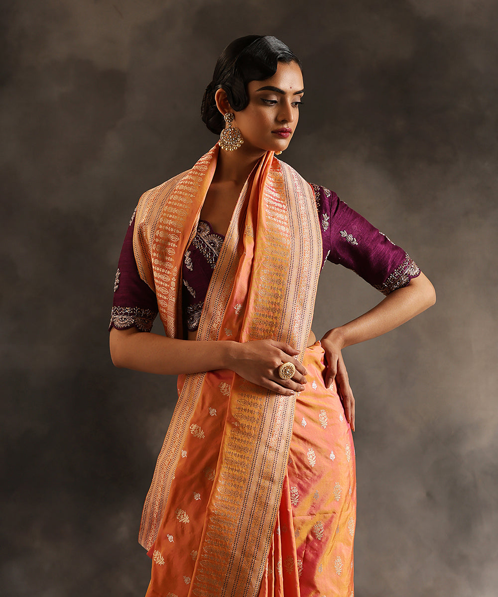 Handloom_Yellow_And_Pink_Dual_Tone_Banarasi_Saree_With_Open_Zari_Border_And_Purple_Blouse_WeaverStory_01