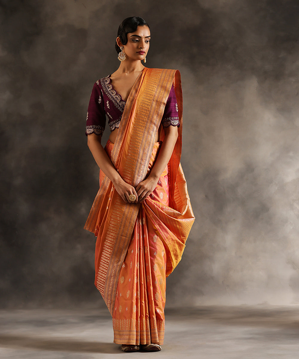 Handloom_Yellow_And_Pink_Dual_Tone_Banarasi_Saree_With_Open_Zari_Border_And_Purple_Blouse_WeaverStory_02
