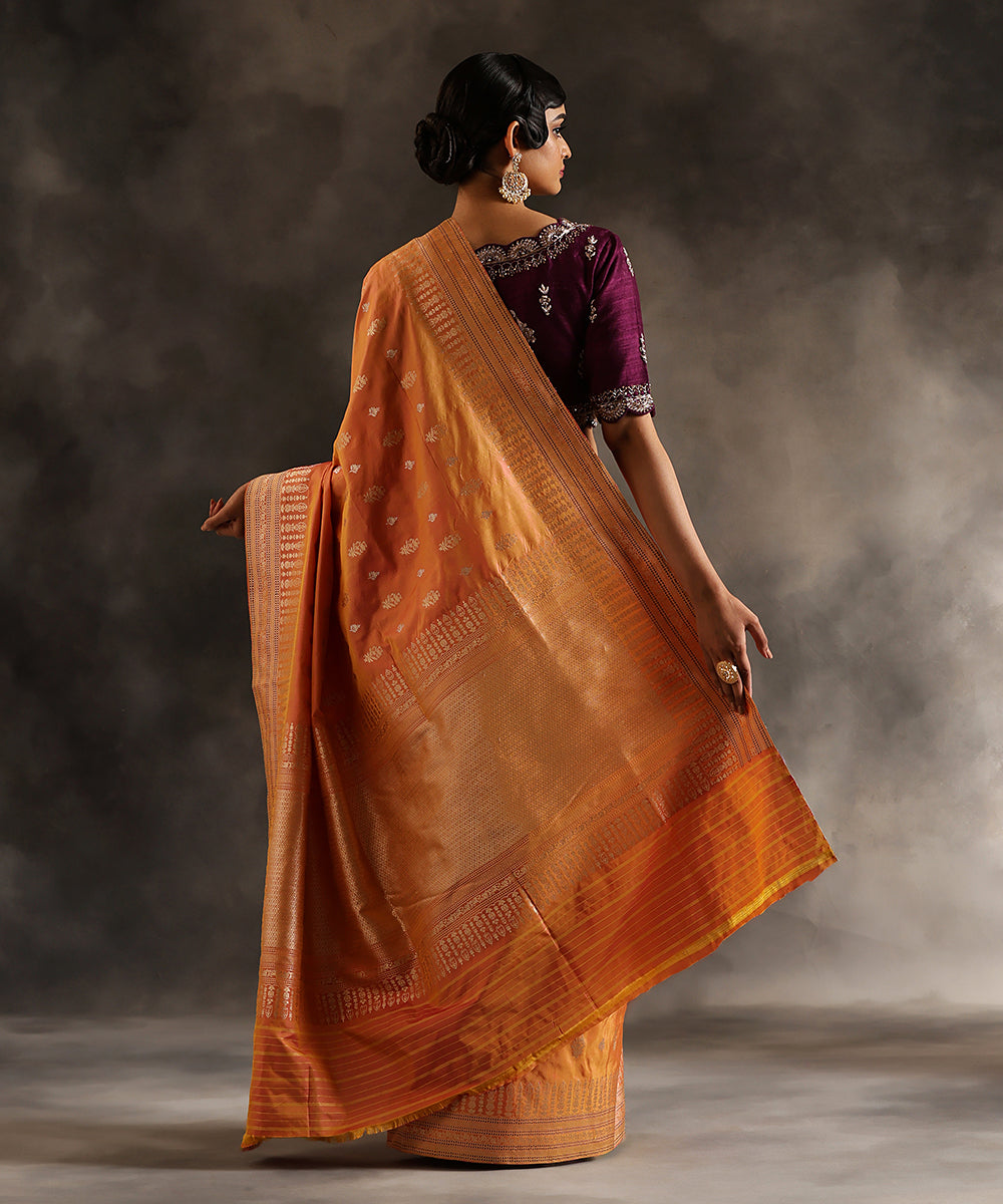 Handloom_Yellow_And_Pink_Dual_Tone_Banarasi_Saree_With_Open_Zari_Border_And_Purple_Blouse_WeaverStory_03