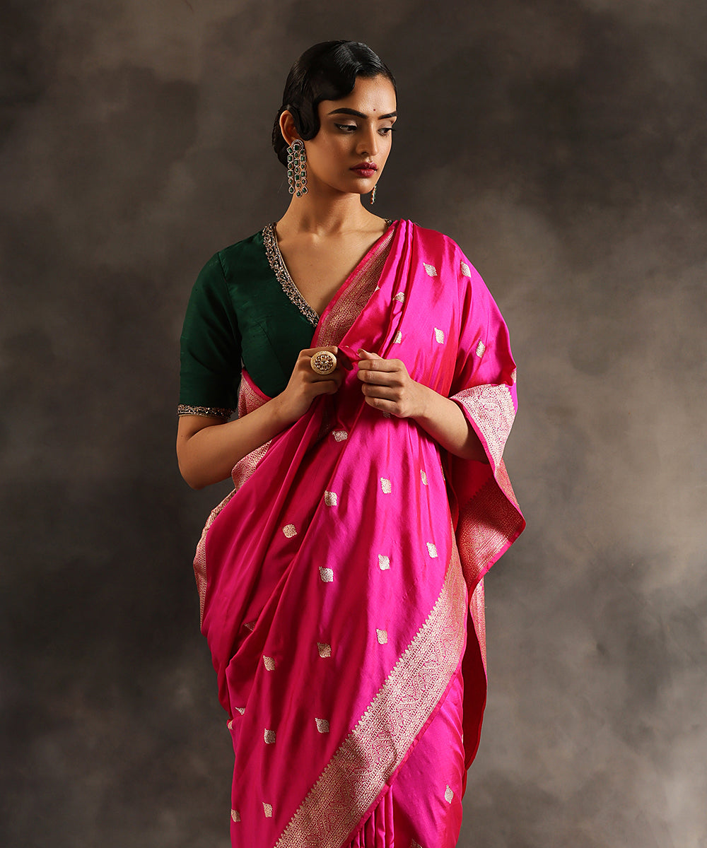 Hot_Pink_Handloom_Pure_Katan_Silk_Banarasi_Saree_With_Gold_And_Silver_Zari_Booti_WeaverStory_01