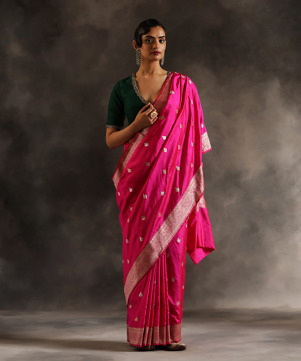 Hot_Pink_Handloom_Pure_Katan_Silk_Banarasi_Saree_With_Gold_And_Silver_Zari_Booti_WeaverStory_02