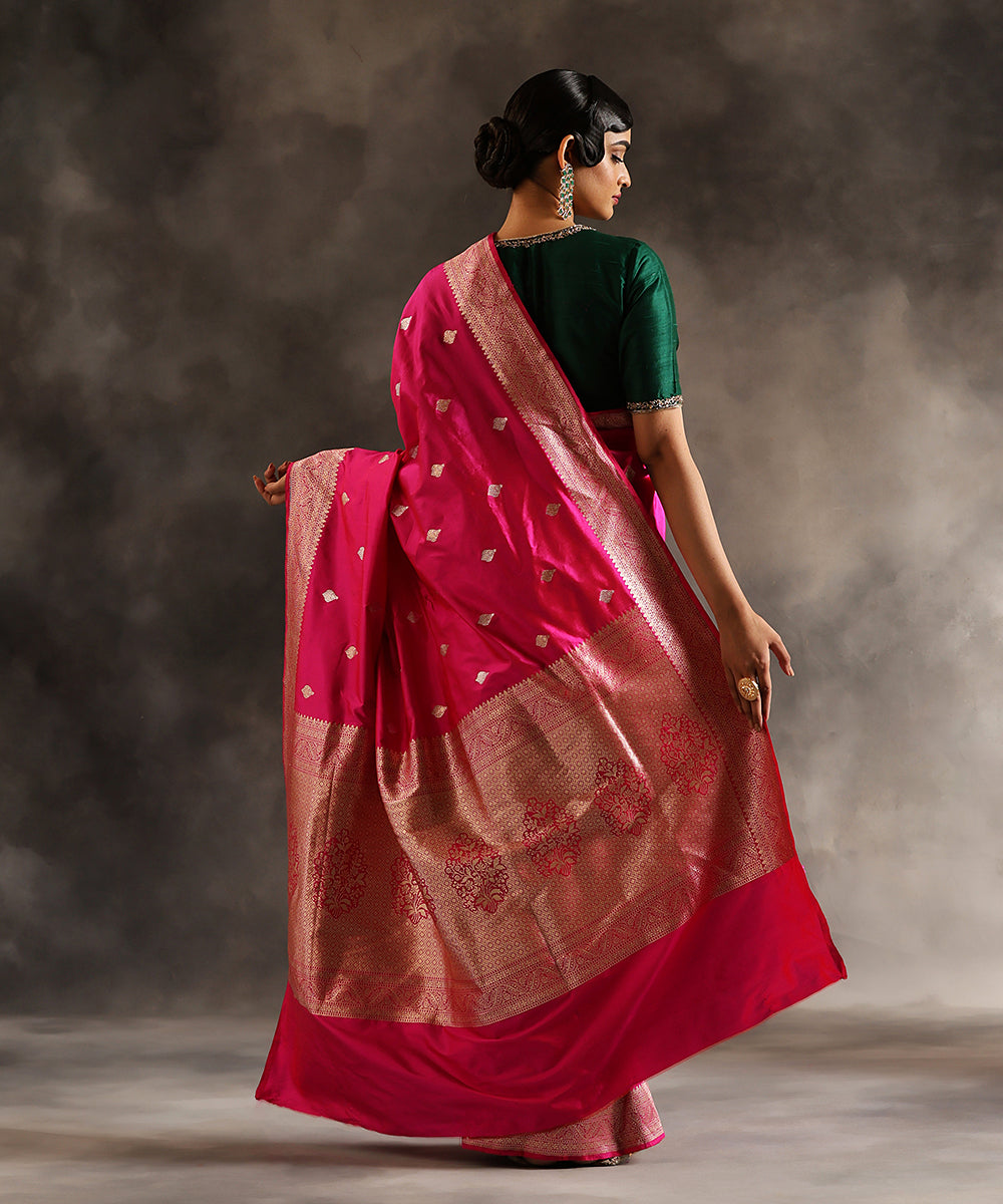 Hot_Pink_Handloom_Pure_Katan_Silk_Banarasi_Saree_With_Gold_And_Silver_Zari_Booti_WeaverStory_03