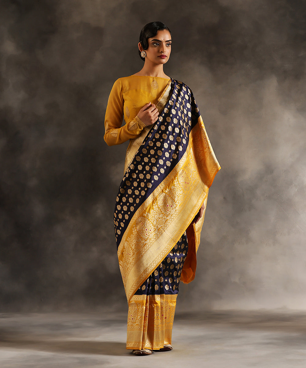 Navy_Blue_Handloom_Pure_Katan_Silk_Banarasi_Saree_With_Traditional_Motifs_And_Yellow_Contrast_Border_WeaverStory_02
