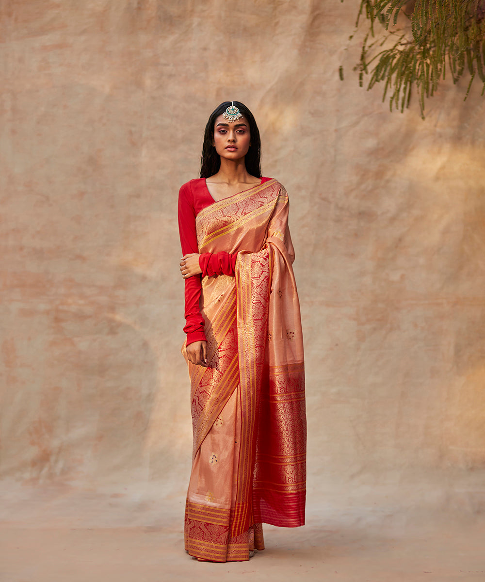 Handloom_Peach_Pure_Tissue_Silk_Banarasi_Saree_With_Red_Kadhwa_Border_WeaverStory_02