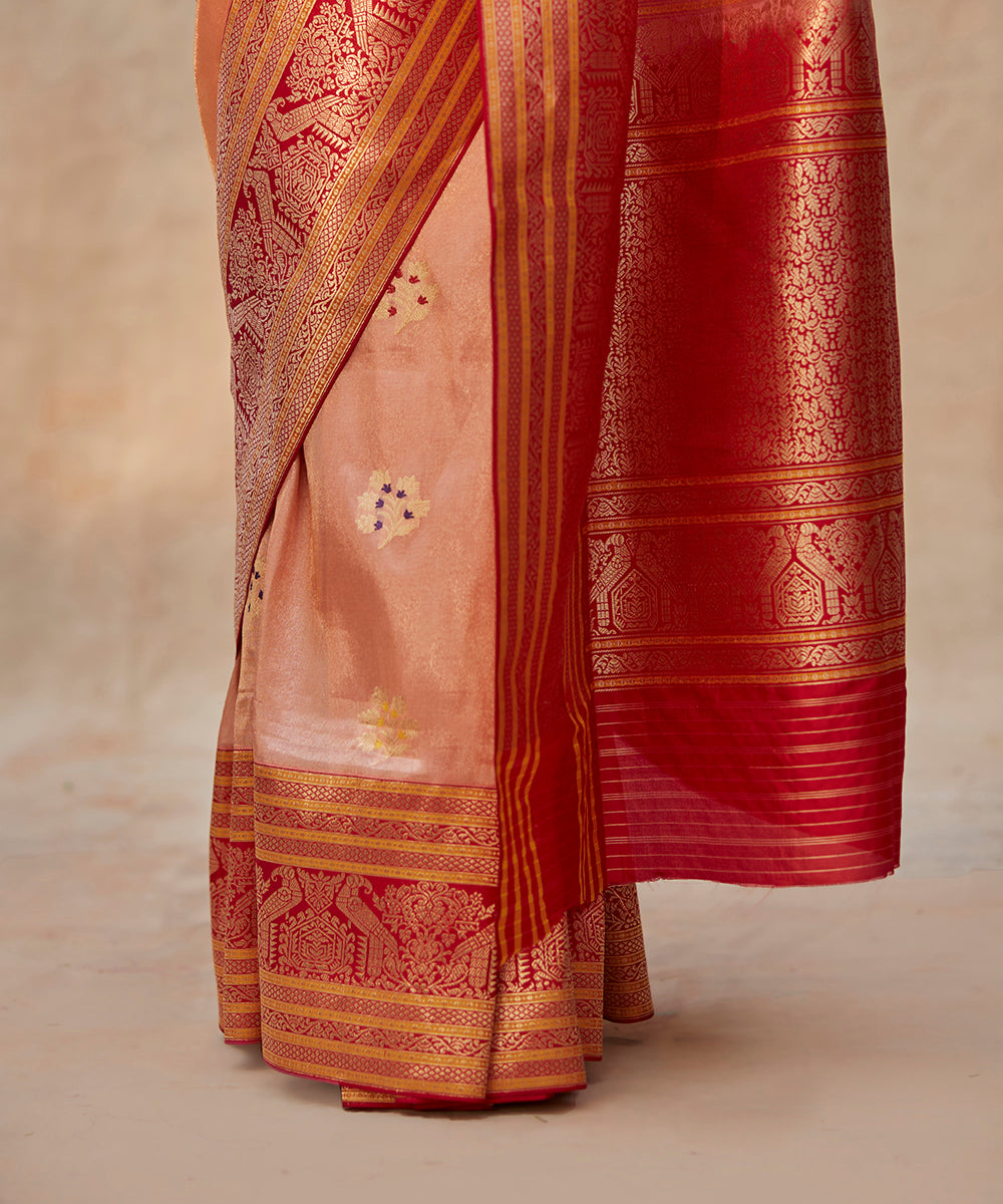 Handloom_Peach_Pure_Tissue_Silk_Banarasi_Saree_With_Red_Kadhwa_Border_WeaverStory_04